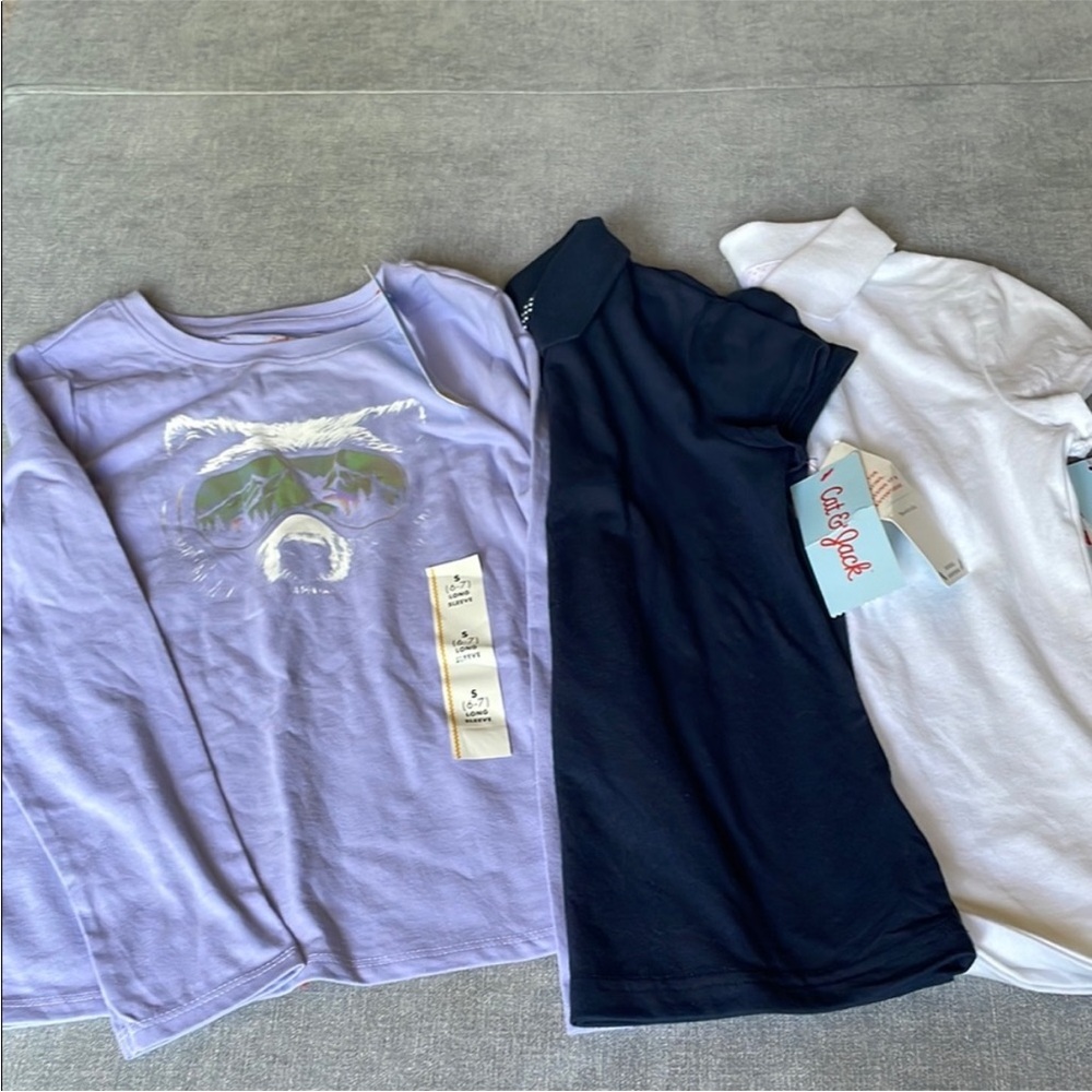 Cat & Jack Girls Lot - 2 School Uniform Polos and Purple Bear Long Sleeve Tee